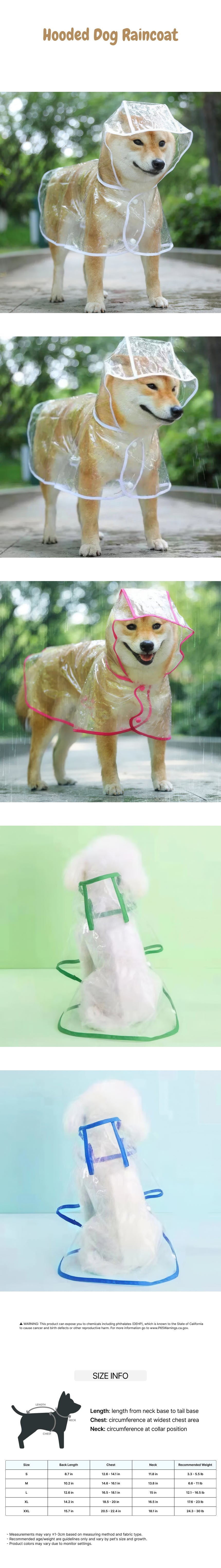 Product details for Hooded Dog Raincoat including features, benefits, and size chart.