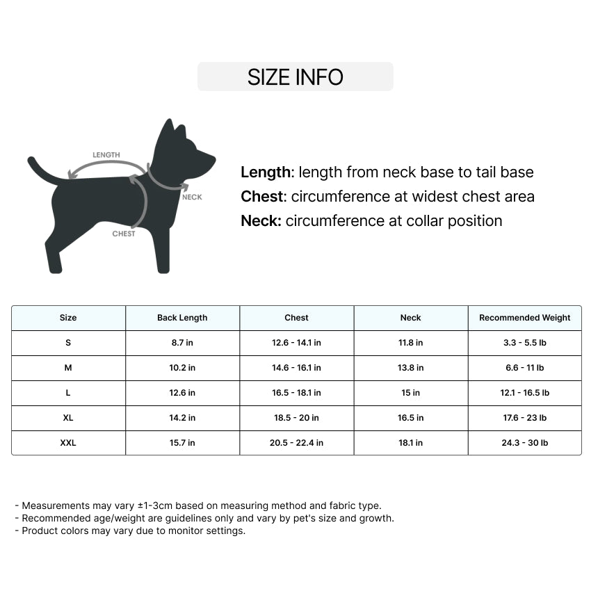 Size chart for Hooded Dog Raincoat