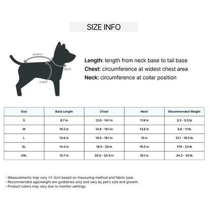 Size chart for Hooded Dog Raincoat